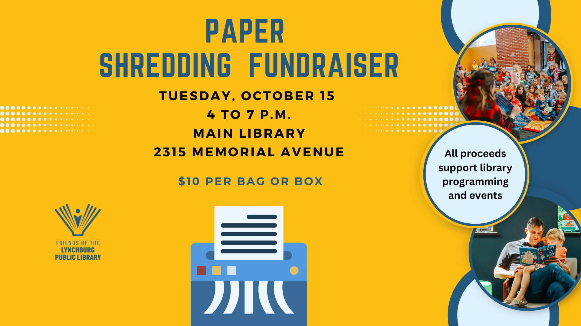 Paper Shredding Fundraiser. Oct. 15 from 4 to 7 pm 2025