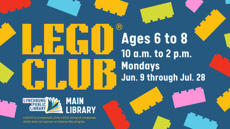 LEGO Club for ages 6 to 8 at the Main Library. 10 a.m. to 2 p.m., Mondays, June 9 through July 28