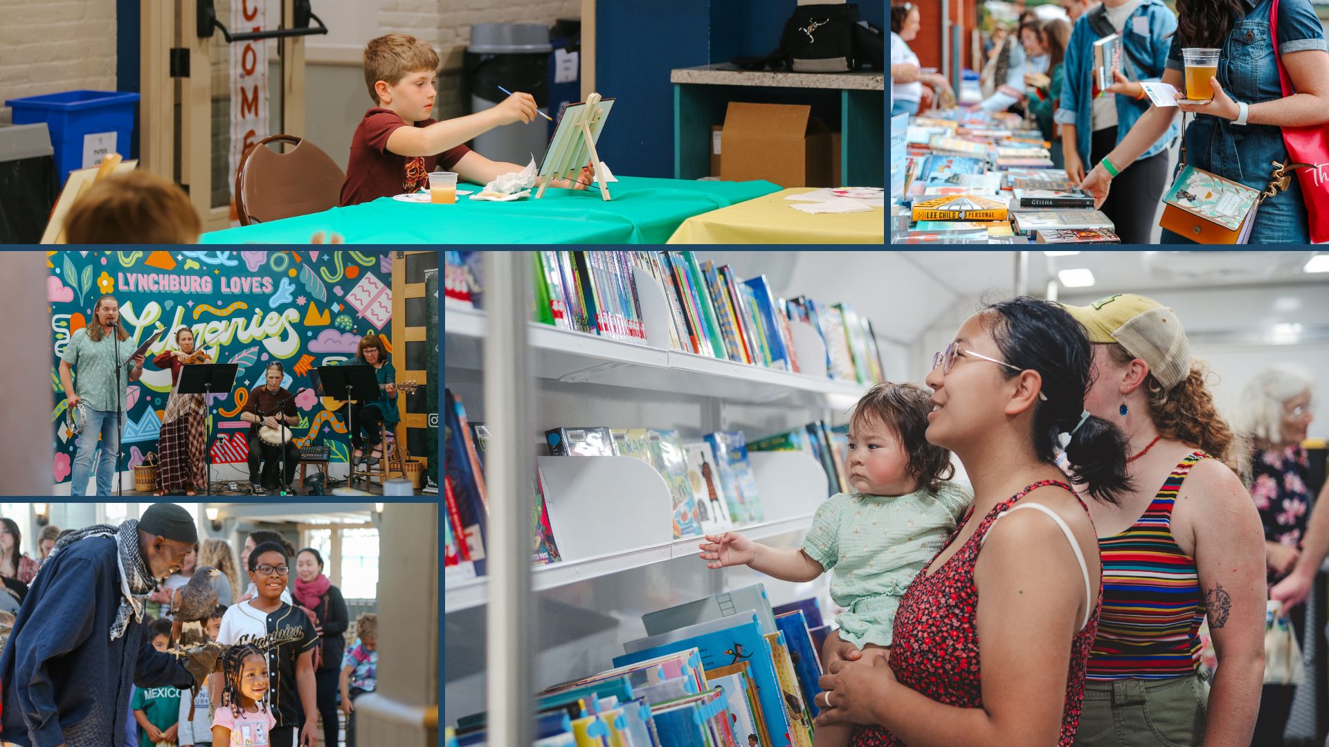 A collection of photos from library programs and inside the bookmobile.